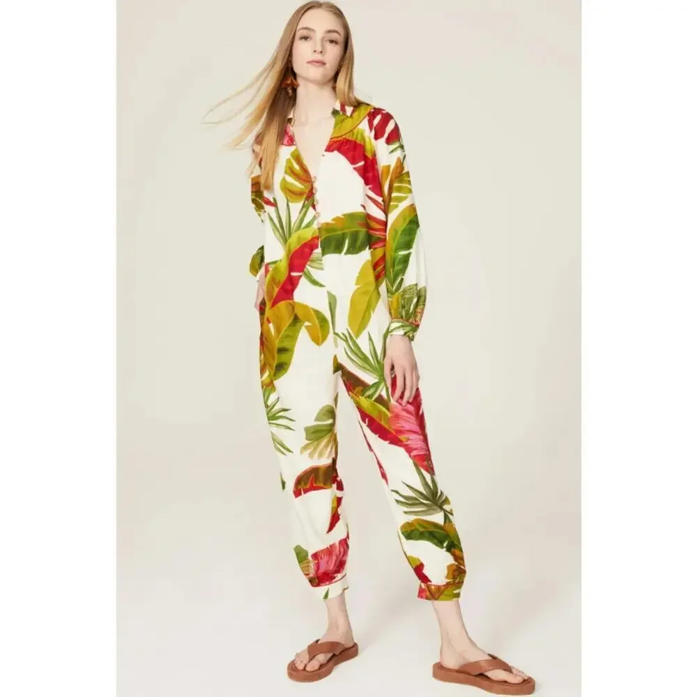 B39 Farm Rio Spring Forest Jumpsuit Womens XS Boho‎ Tropical Vacation Resort